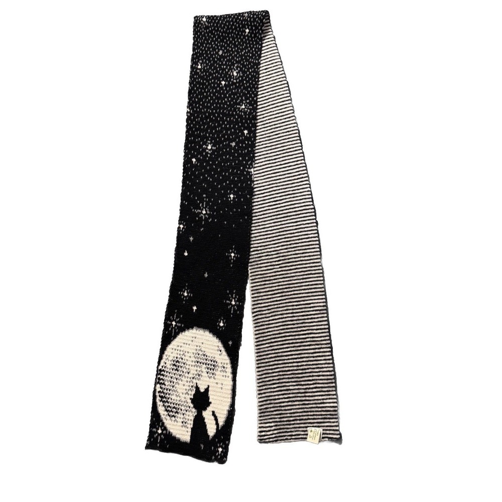 Cat Scarf & Full Moon Starry Night Green 3 Recycled Cotton Knit Scarf USA